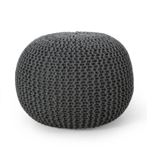 Gray Knitted Cotton Round Pouf Ottoman, 200 LBS Polystyrene Bead Floor Cushion Decorative Footrest