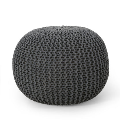 Gray Knitted Cotton Round Pouf Ottoman, 200 LBS Polystyrene Bead Floor Cushion Decorative Footrest