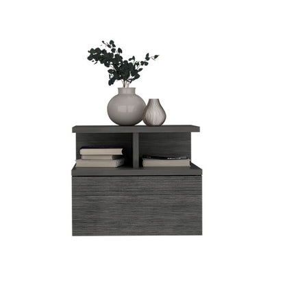 Floating Nightstand with Drawer and 2-Tier Shelf, Wall Mounted Bedside Table Smokey Oak