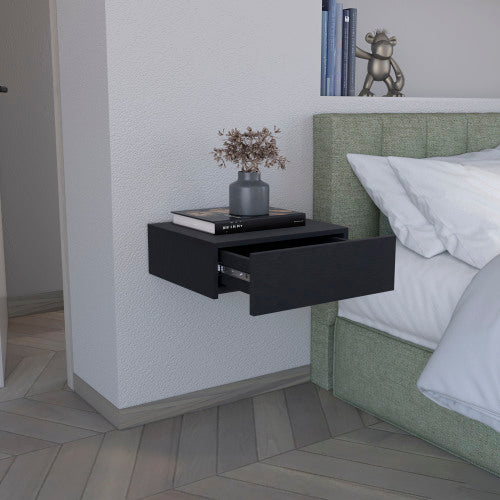 Black Wall-Mounted Floating Nightstand with Drawer