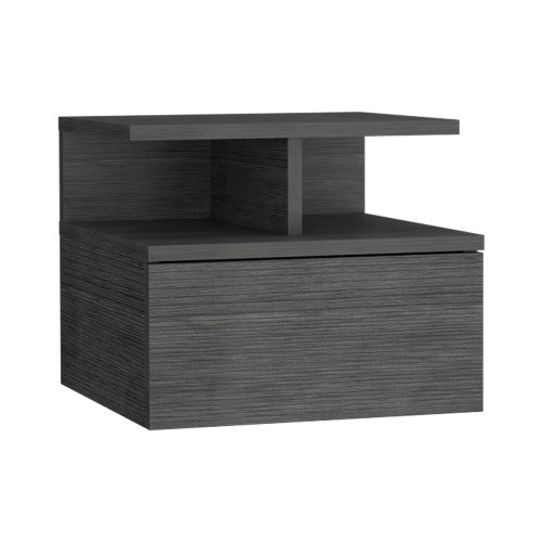 Floating Nightstand with Drawer and 2-Tier Shelf, Wall Mounted Bedside Table Smokey Oak