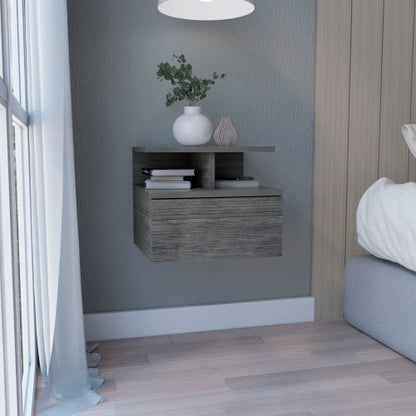 Floating Nightstand with Drawer and 2-Tier Shelf, Wall Mounted Bedside Table Smokey Oak