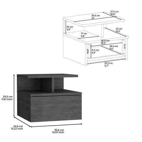 Floating Nightstand with Drawer and 2-Tier Shelf, Wall Mounted Bedside Table Smokey Oak