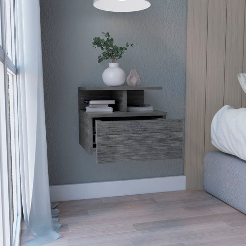 Floating Nightstand with Drawer and 2-Tier Shelf, Wall Mounted Bedside Table Smokey Oak