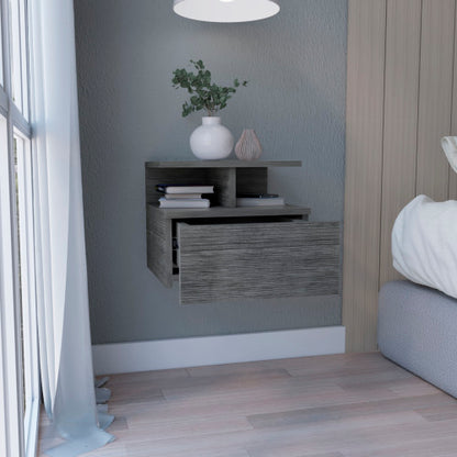 Floating Nightstand with Drawer and 2-Tier Shelf, Wall Mounted Bedside Table Smokey Oak