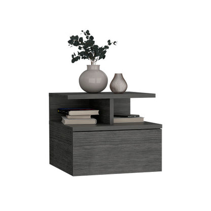 Floating Nightstand with Drawer and 2-Tier Shelf, Wall Mounted Bedside Table Smokey Oak
