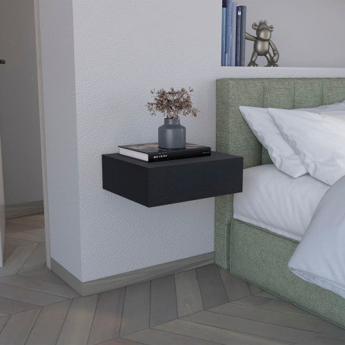Black Wall-Mounted Floating Nightstand with Drawer
