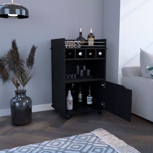 35 inch H Bar Cart with Two Shelves four Wine Cubbies and One Cabinet,Black