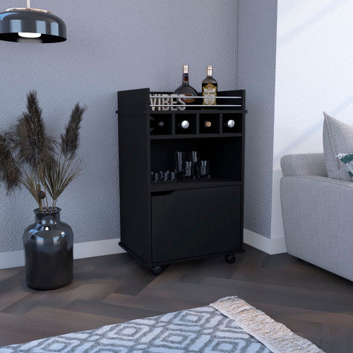 35 inch H Bar Cart with Two Shelves four Wine Cubbies and One Cabinet,Black