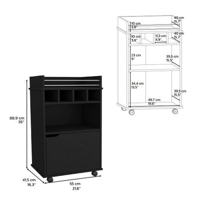 35 inch H Bar Cart with Two Shelves four Wine Cubbies and One Cabinet,Black