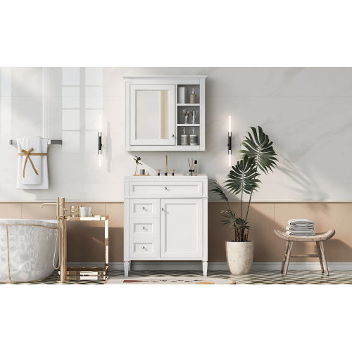 30'' Bathroom Vanity with Top Sink, Modern Bathroom Storage Cabinet with 2 Drawers and a Tip-out Drawer, Freestanding Vanity Set with Mirror Cabinet, Single Sink Bathroom Vanity