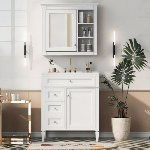 30'' Bathroom Vanity with Top Sink, Modern Bathroom Storage Cabinet with 2 Drawers and a Tip-out Drawer, Freestanding Vanity Set with Mirror Cabinet, Single Sink Bathroom Vanity