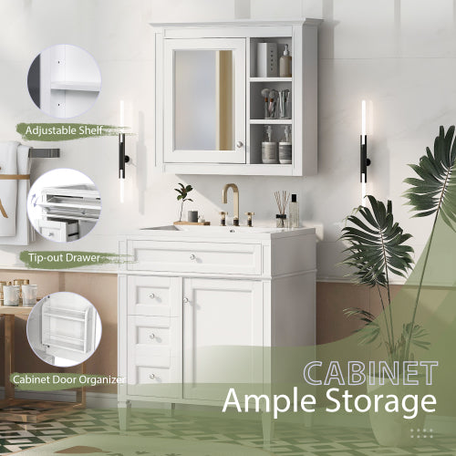 30'' Bathroom Vanity with Top Sink, Modern Bathroom Storage Cabinet with 2 Drawers and a Tip-out Drawer, Freestanding Vanity Set with Mirror Cabinet, Single Sink Bathroom Vanity