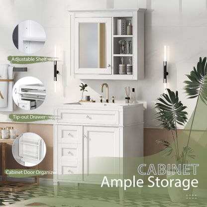 30'' Bathroom Vanity with Top Sink, Modern Bathroom Storage Cabinet with 2 Drawers and a Tip-out Drawer, Freestanding Vanity Set with Mirror Cabinet, Single Sink Bathroom Vanity