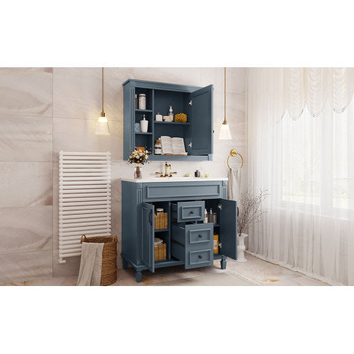 36'' Bathroom Vanity with Top Sink, Royal Blue Mirror Cabinet, Modern Bathroom Storage Cabinet with 2 Soft Closing Doors and 2 Drawers, Single Sink Bathroom Vanity