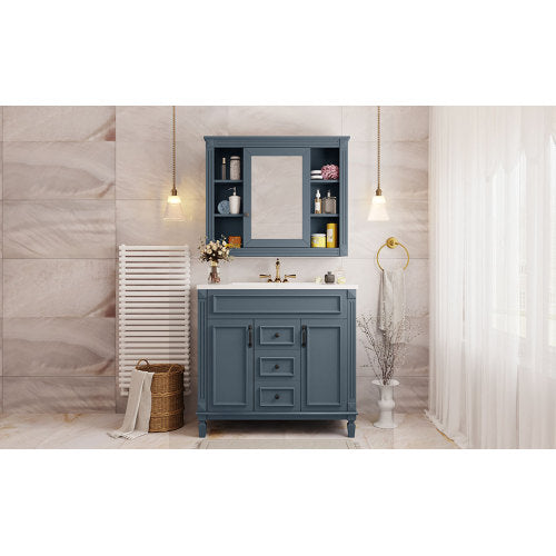 36'' Bathroom Vanity with Top Sink, Royal Blue Mirror Cabinet, Modern Bathroom Storage Cabinet with 2 Soft Closing Doors and 2 Drawers, Single Sink Bathroom Vanity