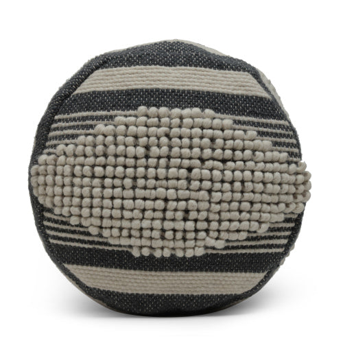 Beige & Dark Grey Cylindrical Handcrafted Ottoman Pouf, Wool Cotton Blend Foot Stool for Living Room