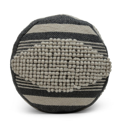 Beige & Dark Grey Cylindrical Handcrafted Ottoman Pouf, Wool Cotton Blend Foot Stool for Living Room