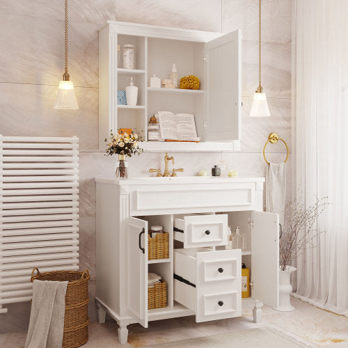 36'' Bathroom Vanity with Top Sink, Mirror Cabinet, Modern Bathroom Storage Cabinet with 2 Soft Closing Doors and 2 Drawers, Single Sink Bathroom Vanity