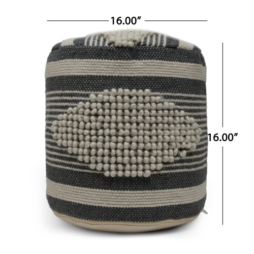 Beige & Dark Grey Cylindrical Handcrafted Ottoman Pouf, Wool Cotton Blend Foot Stool for Living Room