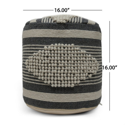 Beige & Dark Grey Cylindrical Handcrafted Ottoman Pouf, Wool Cotton Blend Foot Stool for Living Room