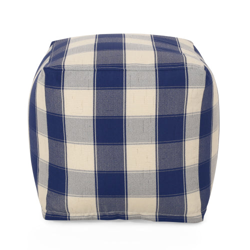 Ivory & Navy Checkered Square Pouf Ottoman 16 inch, Polystyrene Bead Floor Seat, 200 LBS Weight Limit