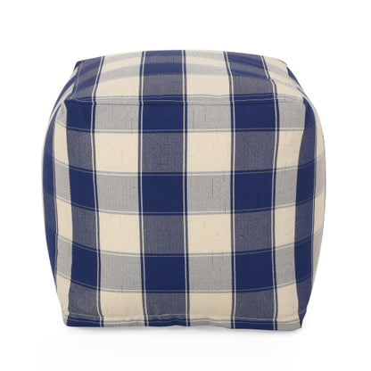 Ivory & Navy Checkered Square Pouf Ottoman 16 inch, Polystyrene Bead Floor Seat, 200 LBS Weight Limit