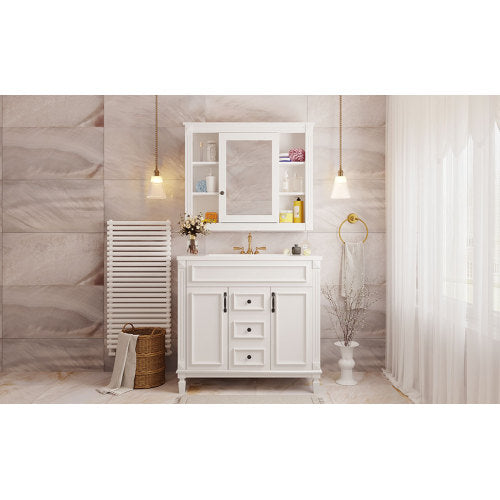 36'' Bathroom Vanity with Top Sink, Mirror Cabinet, Modern Bathroom Storage Cabinet with 2 Soft Closing Doors and 2 Drawers, Single Sink Bathroom Vanity