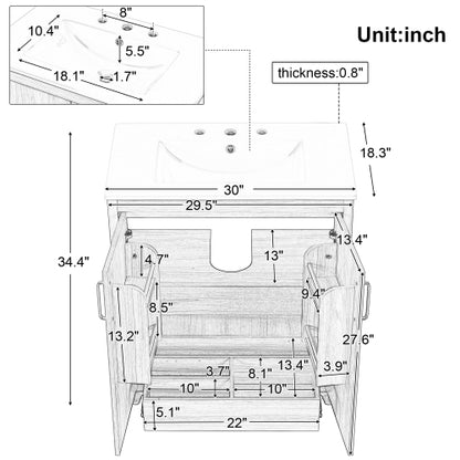 30" Bathroom Vanity with Sink Combo, Multi-functional Bathroom Cabinet with Doors and Drawer, MDF Board, Natural