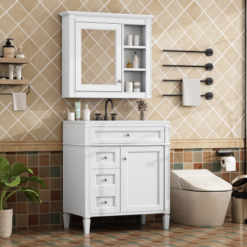 30'' Bathroom Vanity with Top Sink, Modern Bathroom Storage Cabinet with 2 Drawers and a Tip-out Drawer, Freestanding Vanity Set with Mirror Cabinet, Single Sink Bathroom Vanity