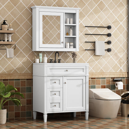 30'' Bathroom Vanity with Top Sink, Modern Bathroom Storage Cabinet with 2 Drawers and a Tip-out Drawer, Freestanding Vanity Set with Mirror Cabinet, Single Sink Bathroom Vanity