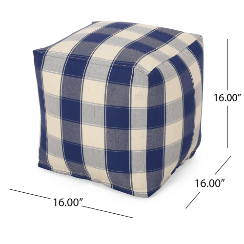 Ivory & Navy Checkered Square Pouf Ottoman 16 inch, Polystyrene Bead Floor Seat, 200 LBS Weight Limit