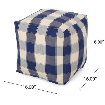 Ivory & Navy Checkered Square Pouf Ottoman 16 inch, Polystyrene Bead Floor Seat, 200 LBS Weight Limit