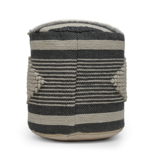 Beige & Dark Grey Cylindrical Handcrafted Ottoman Pouf, Wool Cotton Blend Foot Stool for Living Room