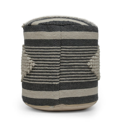 Beige & Dark Grey Cylindrical Handcrafted Ottoman Pouf, Wool Cotton Blend Foot Stool for Living Room
