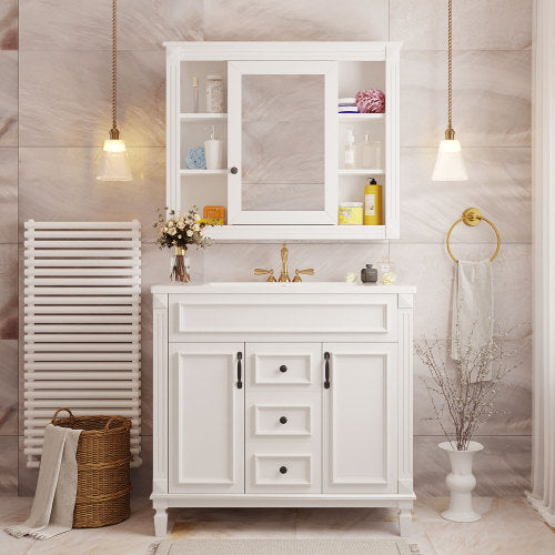 36'' Bathroom Vanity with Top Sink, Mirror Cabinet, Modern Bathroom Storage Cabinet with 2 Soft Closing Doors and 2 Drawers, Single Sink Bathroom Vanity