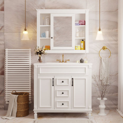 36'' Bathroom Vanity with Top Sink, Mirror Cabinet, Modern Bathroom Storage Cabinet with 2 Soft Closing Doors and 2 Drawers, Single Sink Bathroom Vanity
