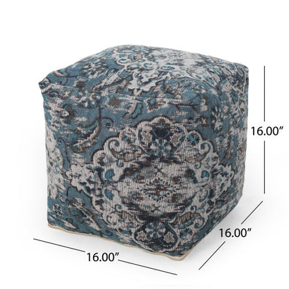 Square Ottoman Pouf with Knitted Cover, Blue Floor Cushion Footrest