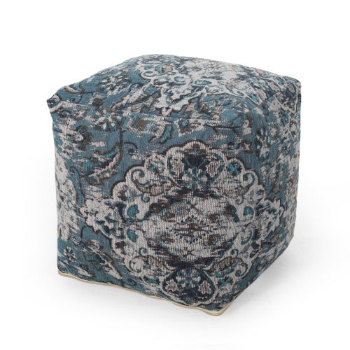 Square Ottoman Pouf with Knitted Cover, Blue Floor Cushion Footrest