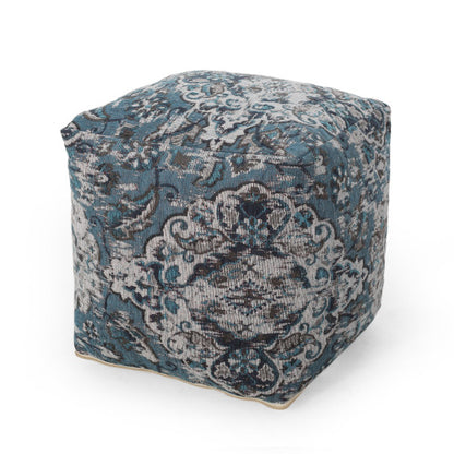 Square Ottoman Pouf with Knitted Cover, Blue Floor Cushion Footrest