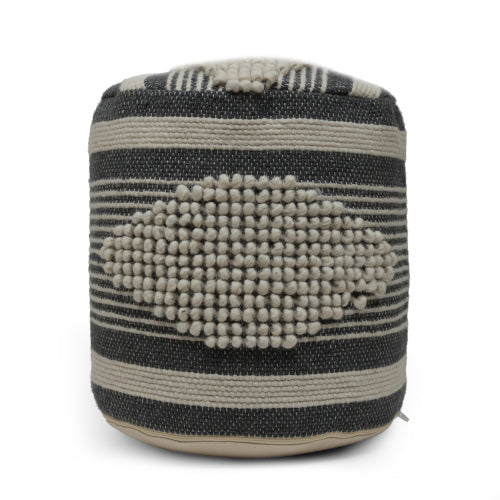Beige & Dark Grey Cylindrical Handcrafted Ottoman Pouf, Wool Cotton Blend Foot Stool for Living Room