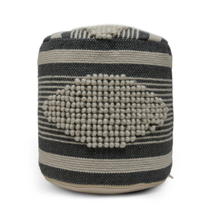 Beige & Dark Grey Cylindrical Handcrafted Ottoman Pouf, Wool Cotton Blend Foot Stool for Living Room