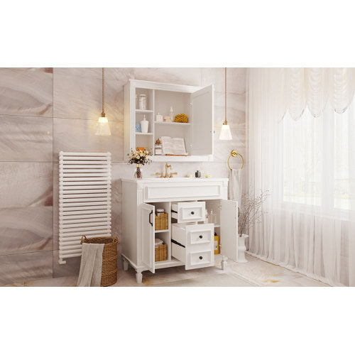 36'' Bathroom Vanity with Top Sink, Mirror Cabinet, Modern Bathroom Storage Cabinet with 2 Soft Closing Doors and 2 Drawers, Single Sink Bathroom Vanity