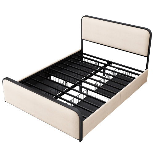 Modern Metal Bed Frame with Curved Upholstered Headboard and Footboard Bed with 4 Storage Drawers, Heavy Duty Metal Slats, Queen Size, Beige