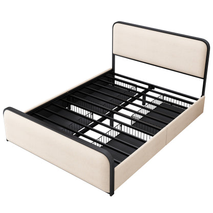 Modern Metal Bed Frame with Curved Upholstered Headboard and Footboard Bed with 4 Storage Drawers, Heavy Duty Metal Slats, Queen Size, Beige