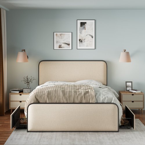 Modern Metal Bed Frame with Curved Upholstered Headboard and Footboard Bed with 4 Storage Drawers, Heavy Duty Metal Slats, Queen Size, Beige
