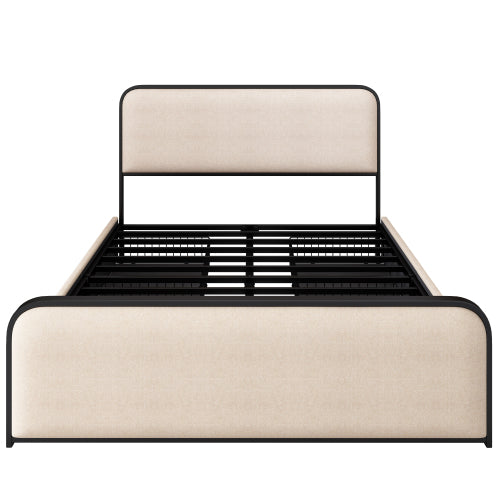 Modern Metal Bed Frame with Curved Upholstered Headboard and Footboard Bed with 4 Storage Drawers, Heavy Duty Metal Slats, Queen Size, Beige