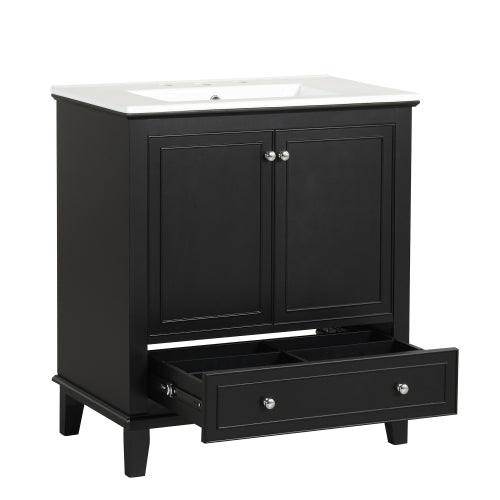 30" Bathroom Vanity with Sink Combo, Multi-functional Bathroom Cabinet with Doors and Drawer, Solid Wood and MDF Board, Black