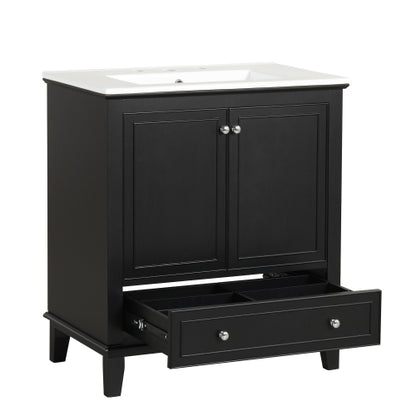 30" Bathroom Vanity with Sink Combo, Multi-functional Bathroom Cabinet with Doors and Drawer, Solid Wood and MDF Board, Black