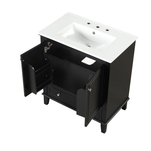 30" Bathroom Vanity with Sink Combo, Multi-functional Bathroom Cabinet with Doors and Drawer, Solid Wood and MDF Board, Black